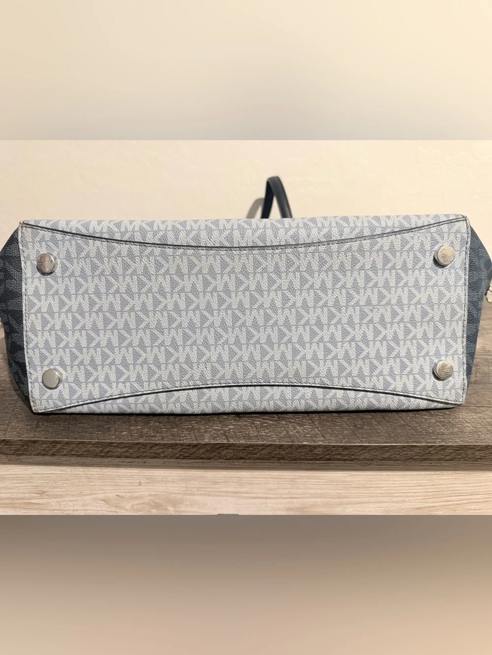 Michael Kors Light Blue MK Logo Tote with Navy Trim